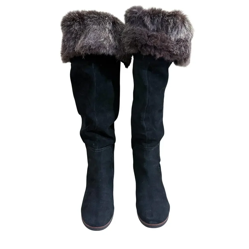 Sam Edelman Black Suede Over the Knee Boots w Fur Trim Women's Size 8 Pull On